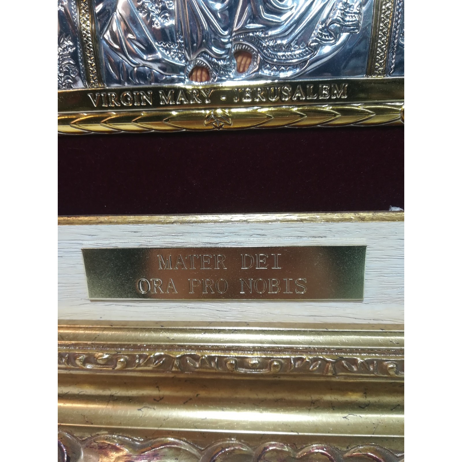 CUADRO RELIGIOSO TRIPTICO SILVER AXION MATER DEI ORA PRO NOBIS PLATA Y ORO