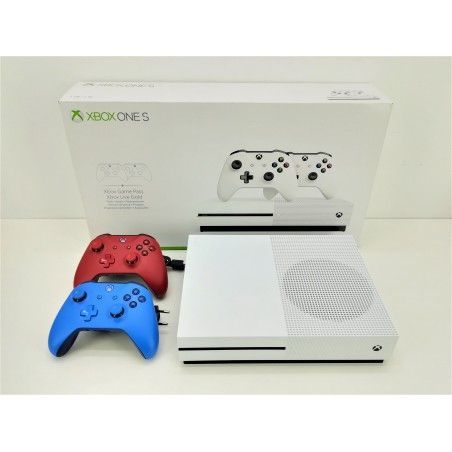 Consola XBOX ONE S 1TB Blanca con 2 Mandos (Rojo y Azul) + Cables y